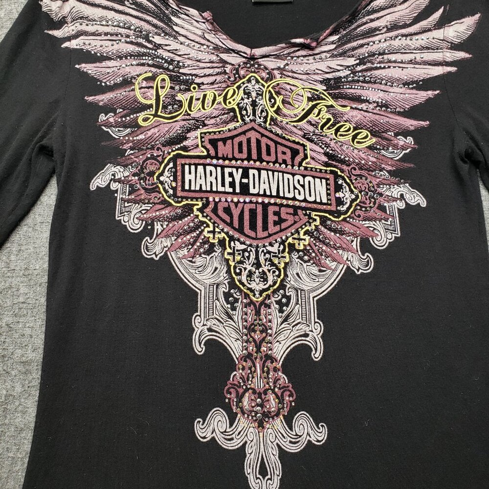 Harley-Davidson Women’s “Live Free” Black Crystal Embellished Top Size Small - Picture 2 of 8